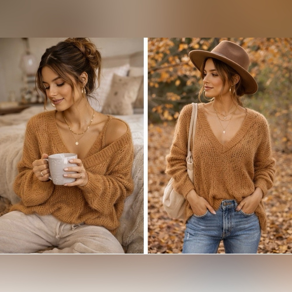 Free People Alpaca Blend Oversized V-Neck Sweater Boho Cozy Camel Size S